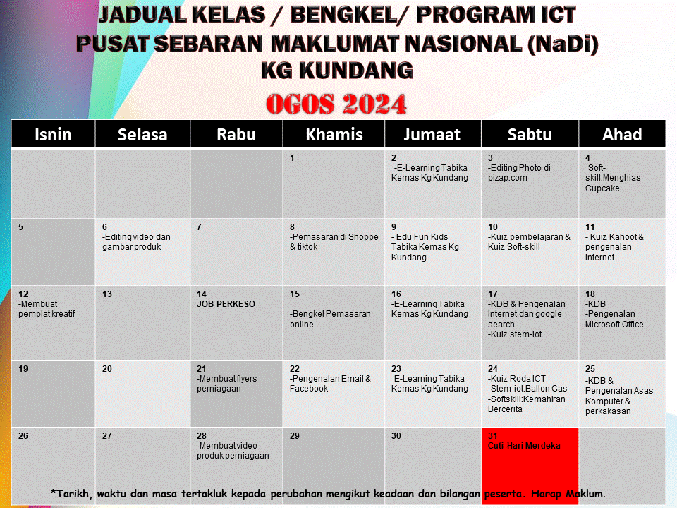 JADUAL KELAS OGOS PEDi 2024